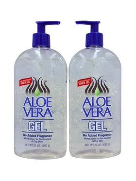 Generic aloe vera front packaging showing twin 24 oz bottles and product label benefits