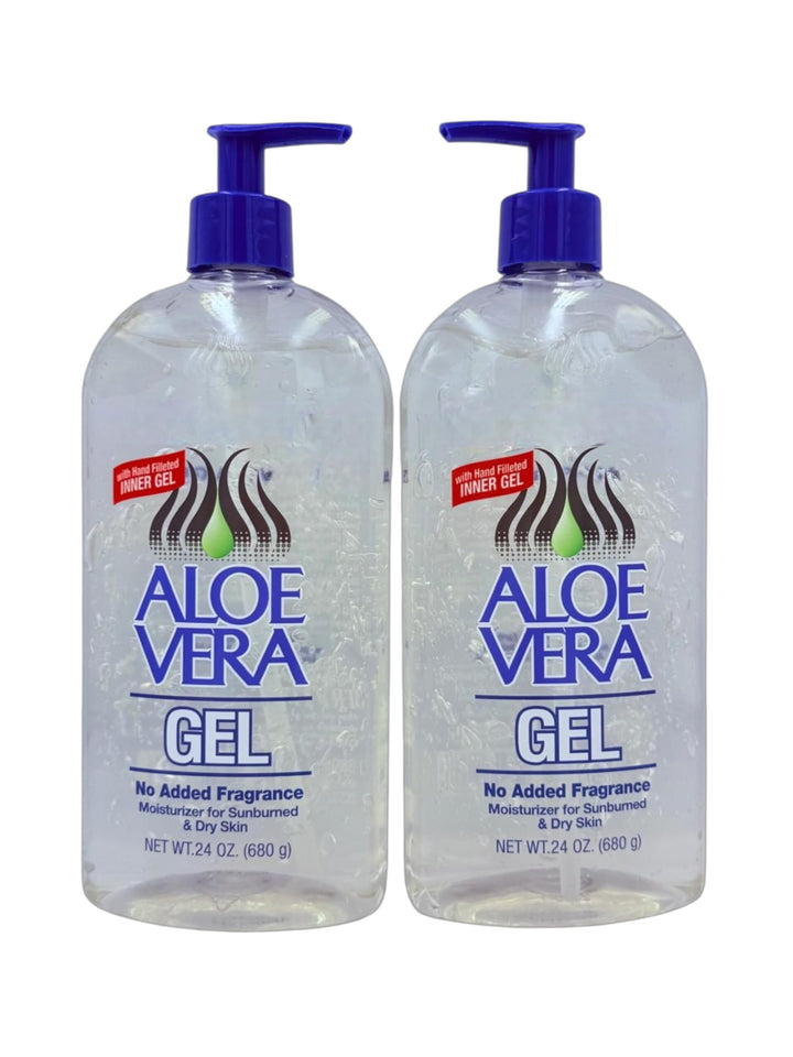Generic aloe vera front packaging showing twin 24 oz bottles and product label benefits