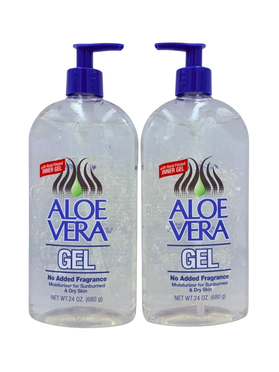 Generic aloe vera front packaging showing twin 24 oz bottles and product label benefits