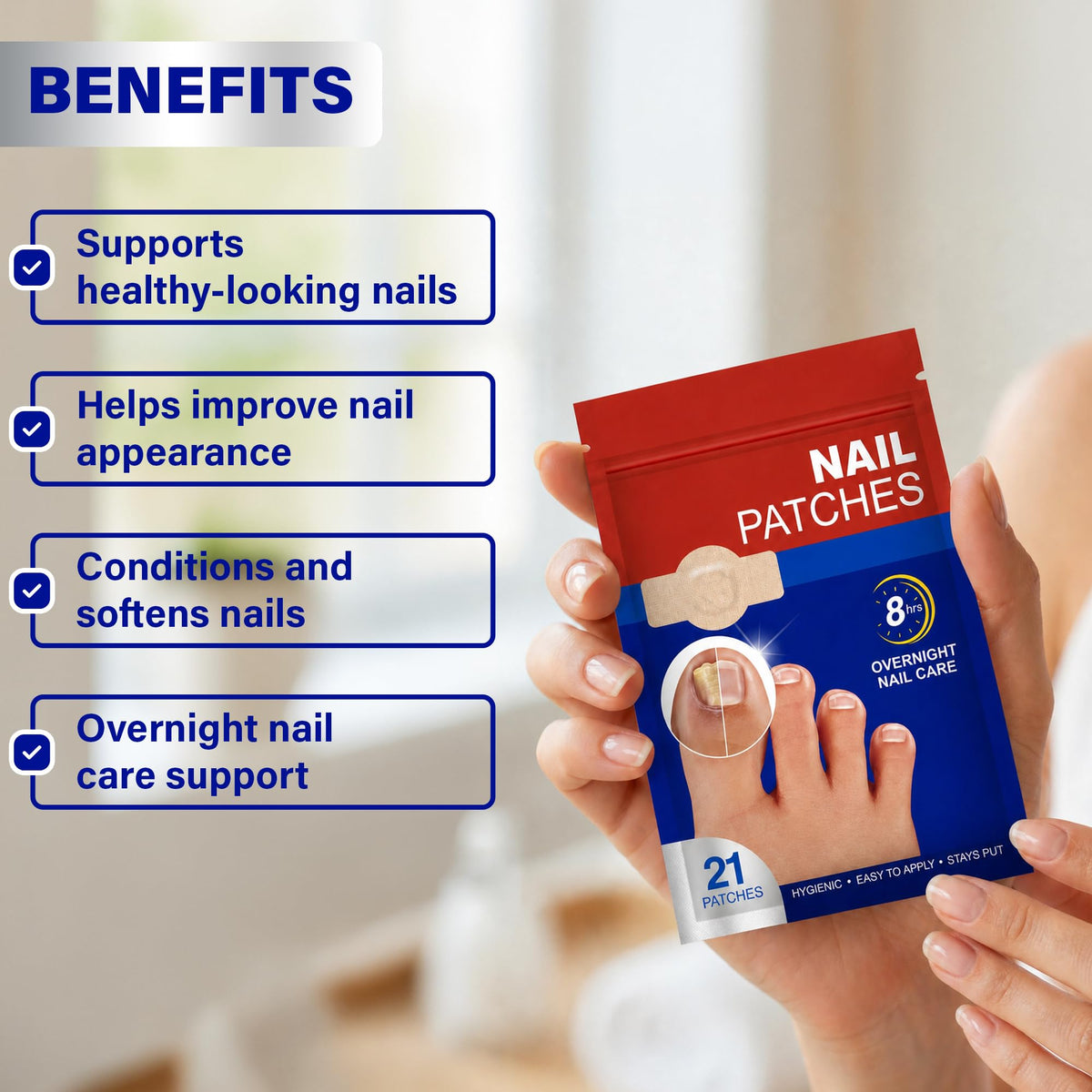 Generic demo applying a patch to a fingernail showing simple peel-and-apply benefit