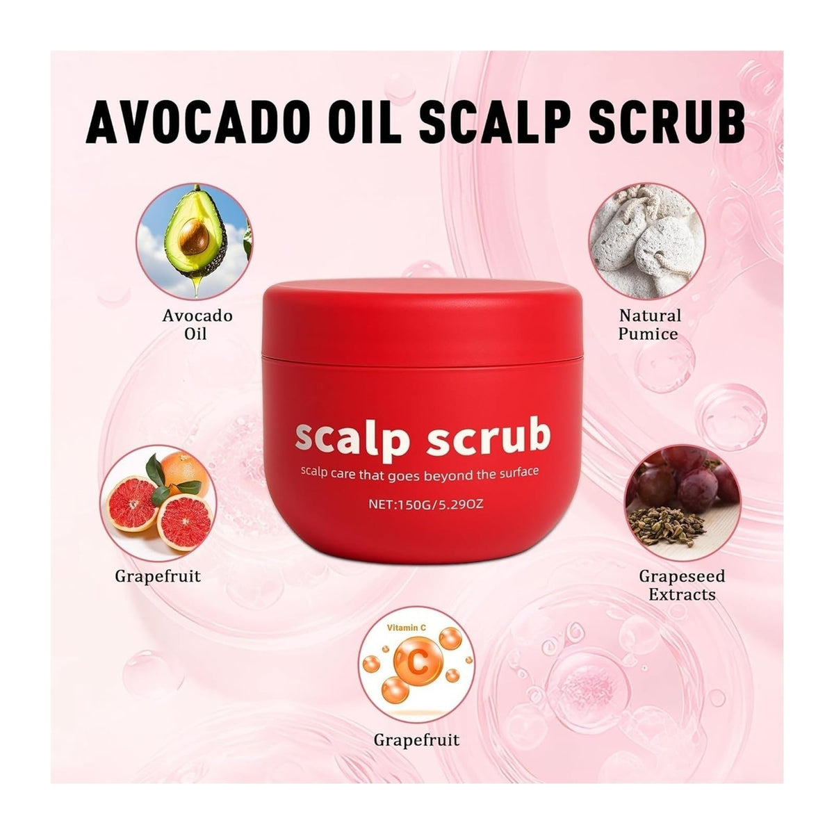 Generic avocado oil scalp scrub in hand for size comparison and travel-friendly benefit