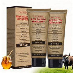 Generic beef tallow front tub showing packaging and SPF benefit