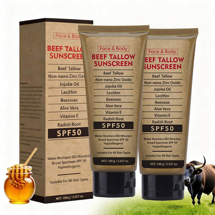 Generic beef tallow front tub showing packaging and SPF benefit