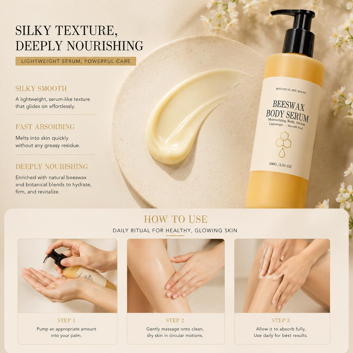 Generic beeswax body serum on bathroom shelf in lifestyle setting for daily routine benefit