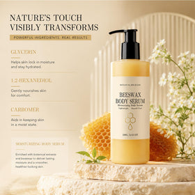 Generic beeswax body serum applied to damp skin for sealed hydration benefit