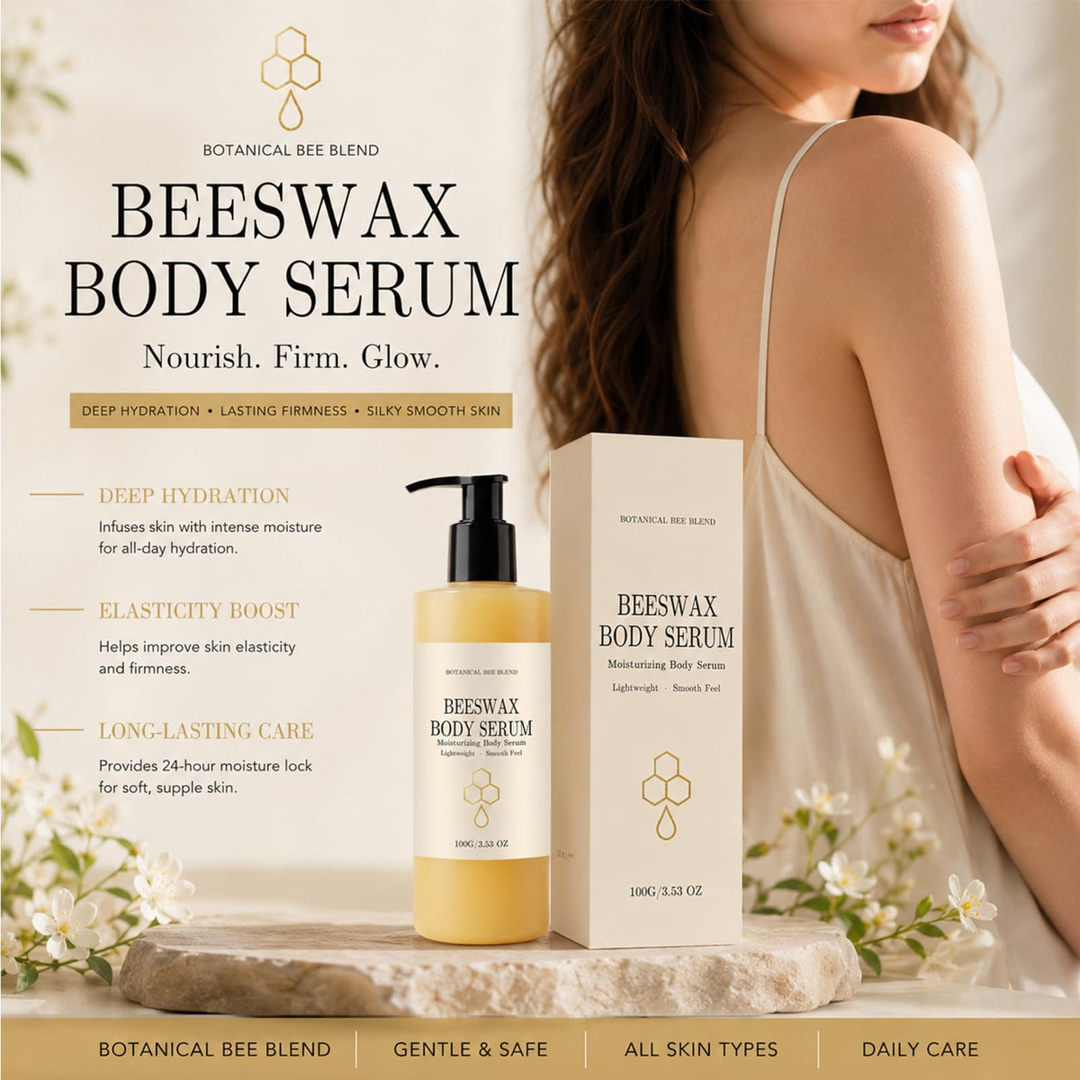 Generic beeswax body serum open cap with oil texture for quick absorption