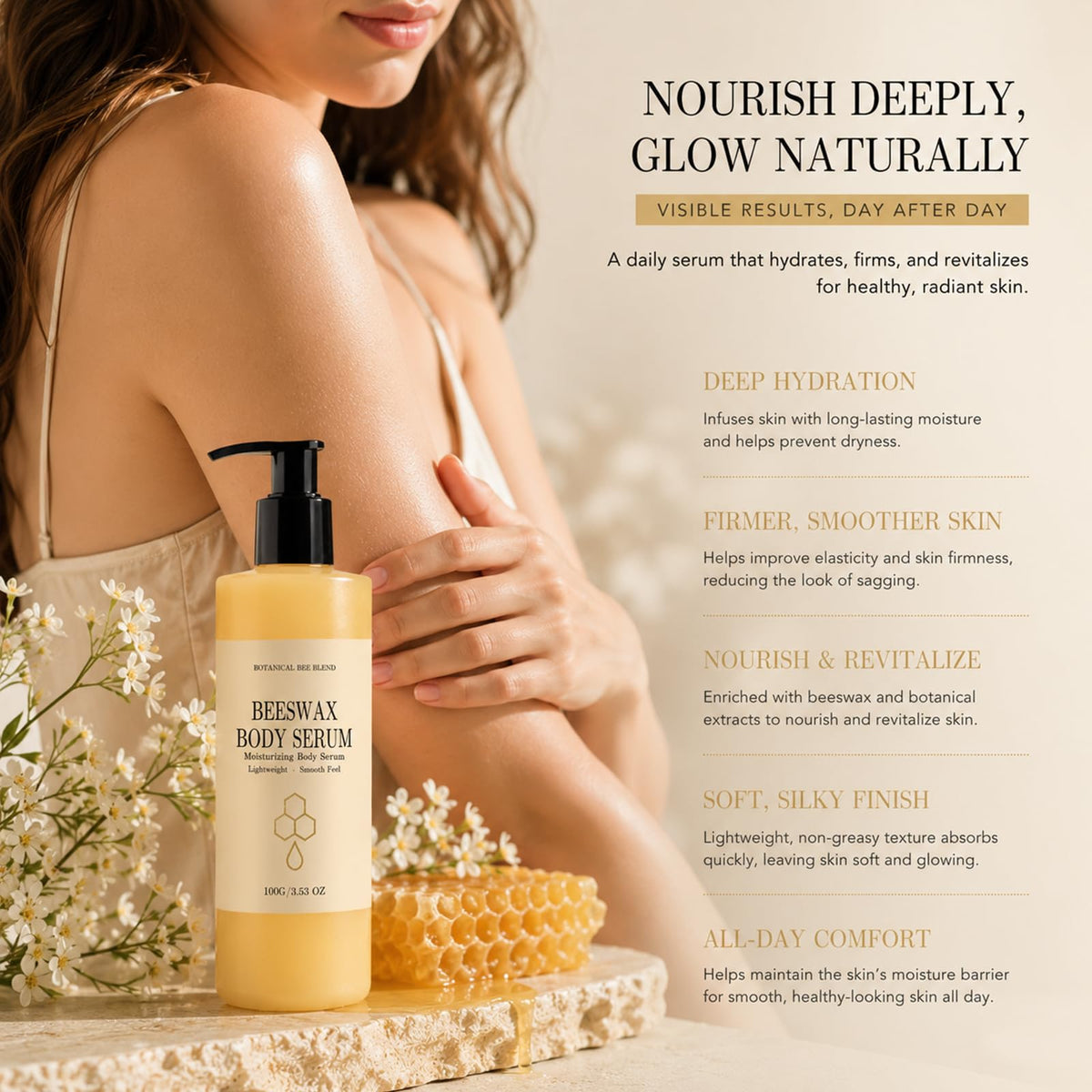 Generic beeswax body serum dispensing a drop to show concentrated benefits