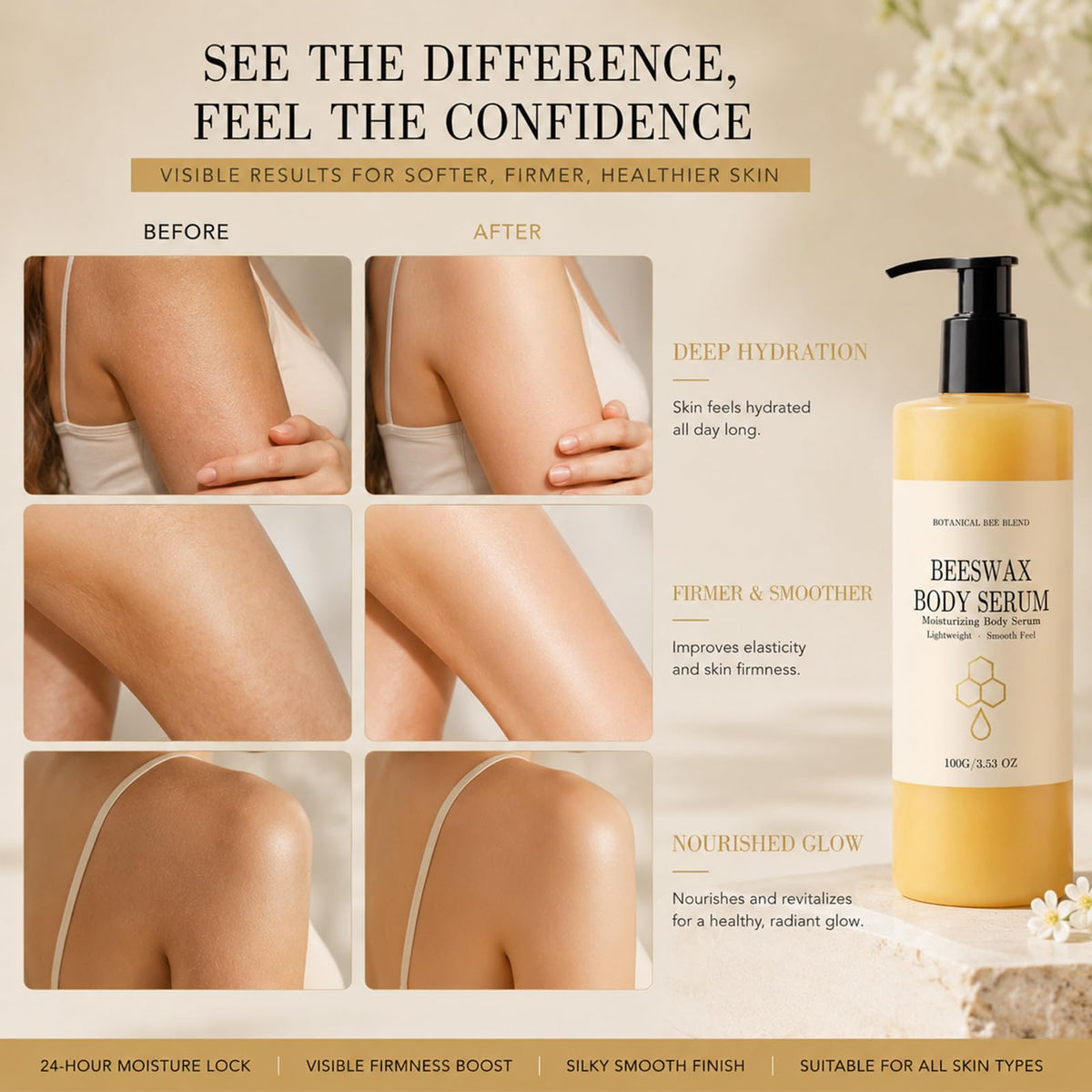 Generic beeswax body serum held in hand to show size and easy-use benefit