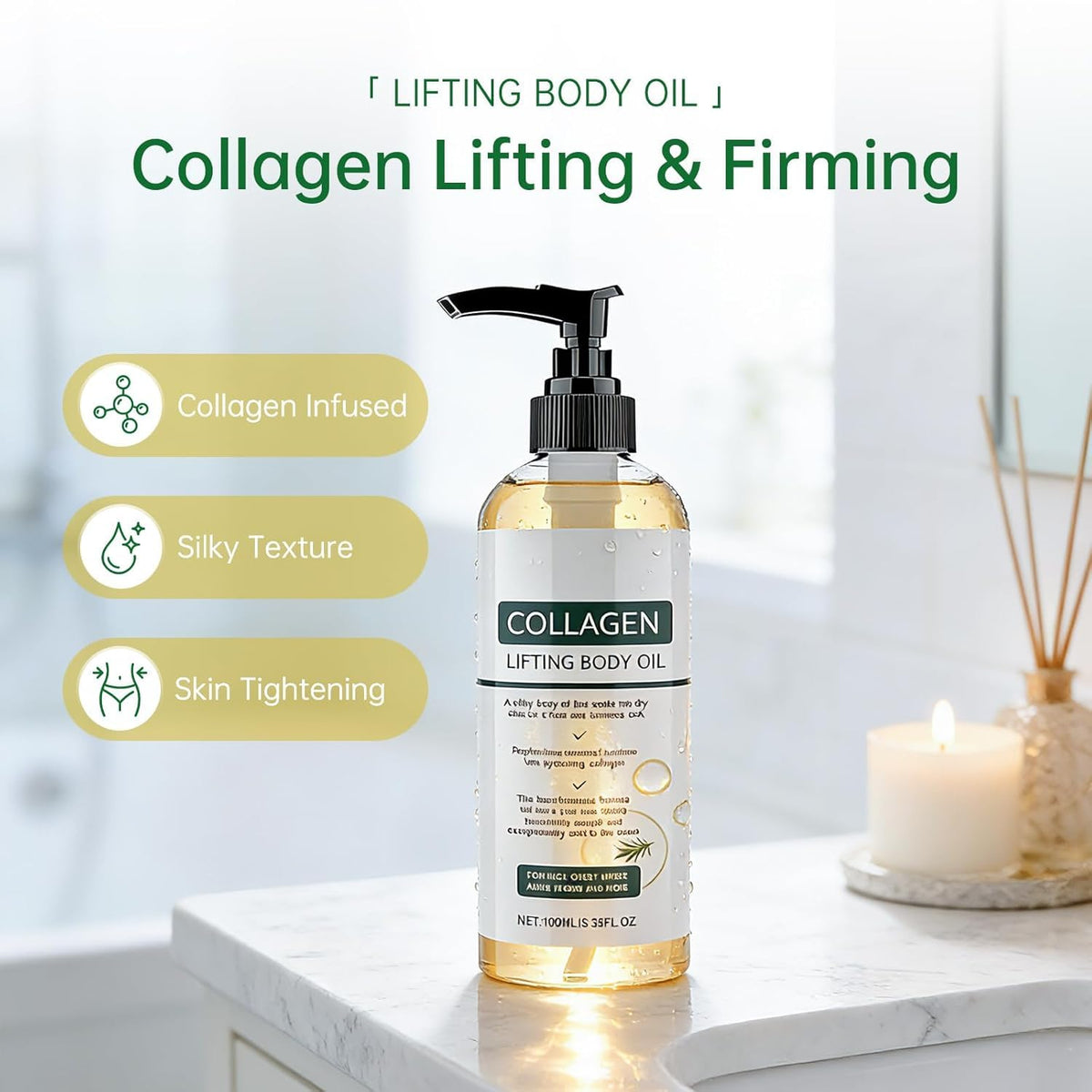 Generic brand body oil application after shower demonstrating fast hydration