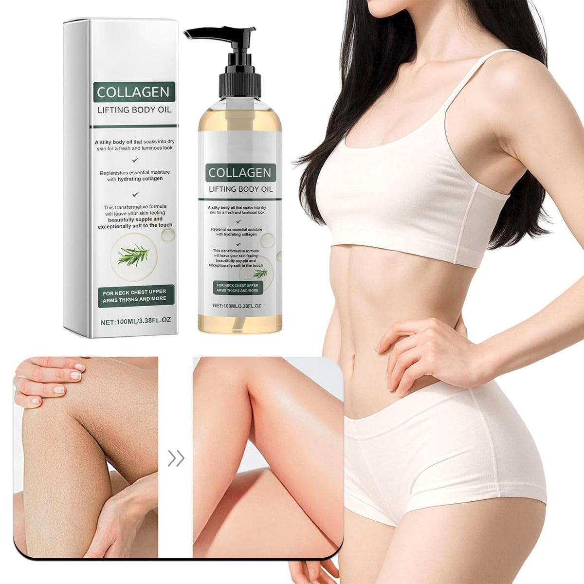 Generic body oil pour texture closeup showing lightweight feel and fast absorption