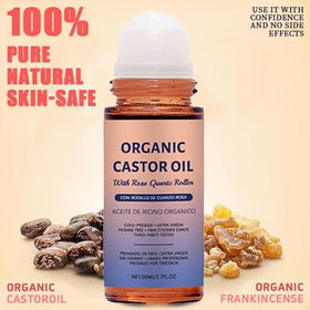 Hand holding 1.7 fl oz castor oil roller to show scale and travel-friendly benefit