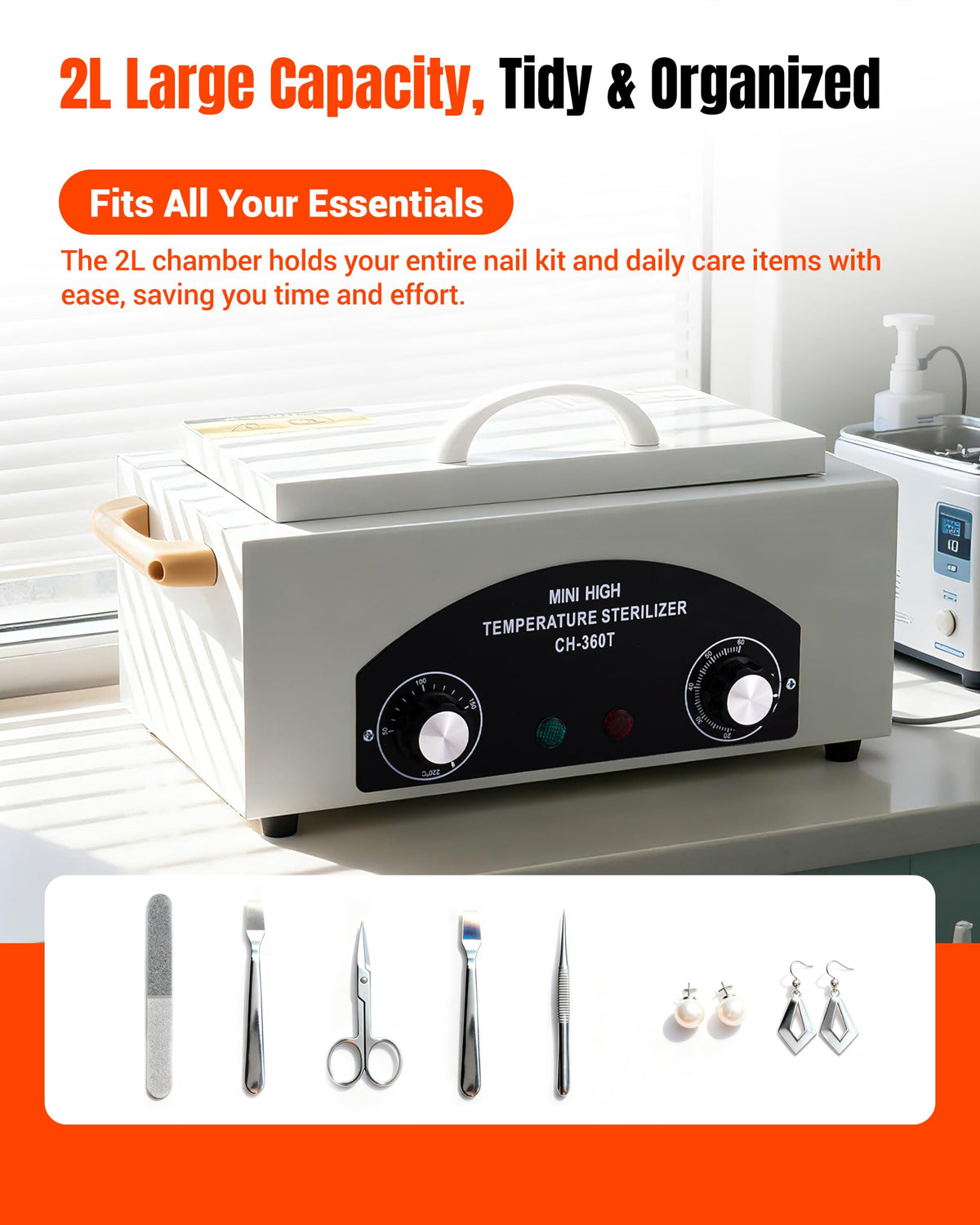 Generic cleaning box cool-touch handle in use for safe tray removal and handling