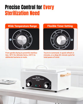 Generic cleaning box temperature controls close-up showing adjustable thermostat benefit