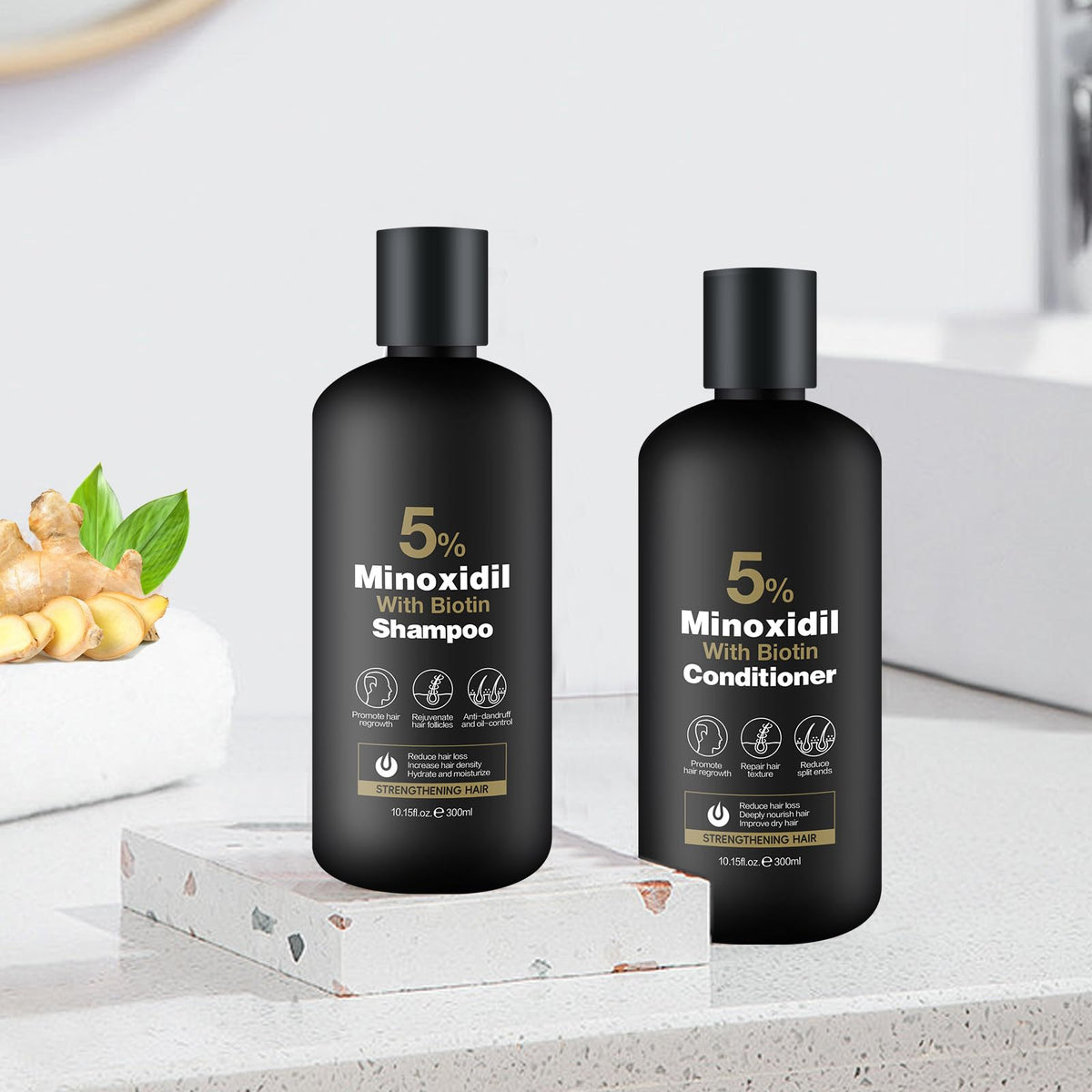 Generic label close-up highlighting minoxidil, biotin and herbal blend benefits
