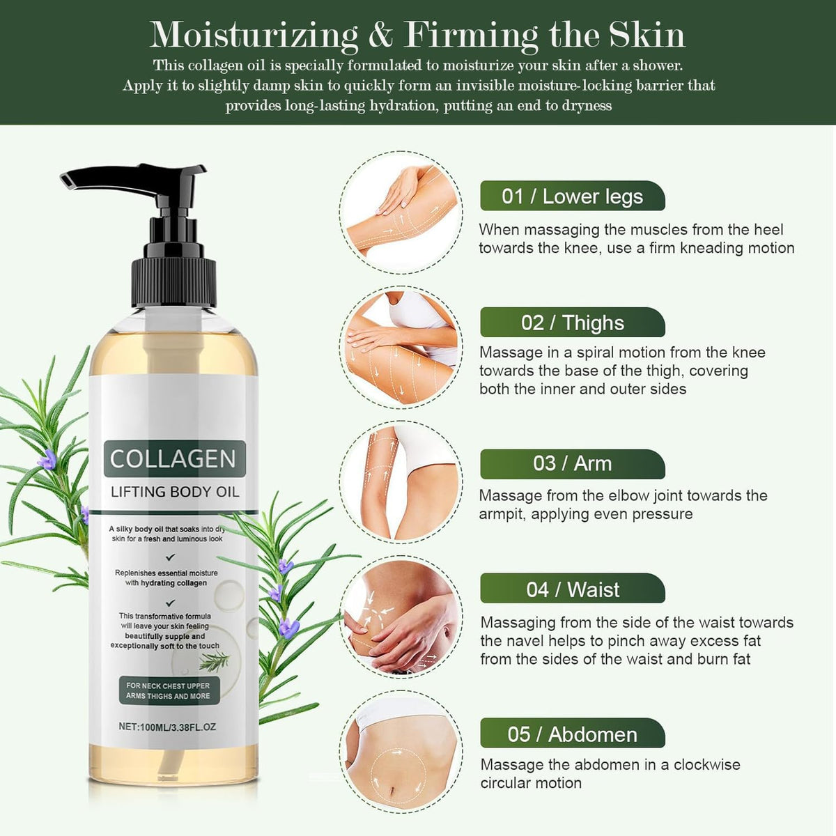 Generic Collagen Lifting Body Oil applied post-shower on arms showing hydrated glow