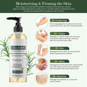 Generic Collagen Lifting Body Oil applied post-shower on arms showing hydrated glow