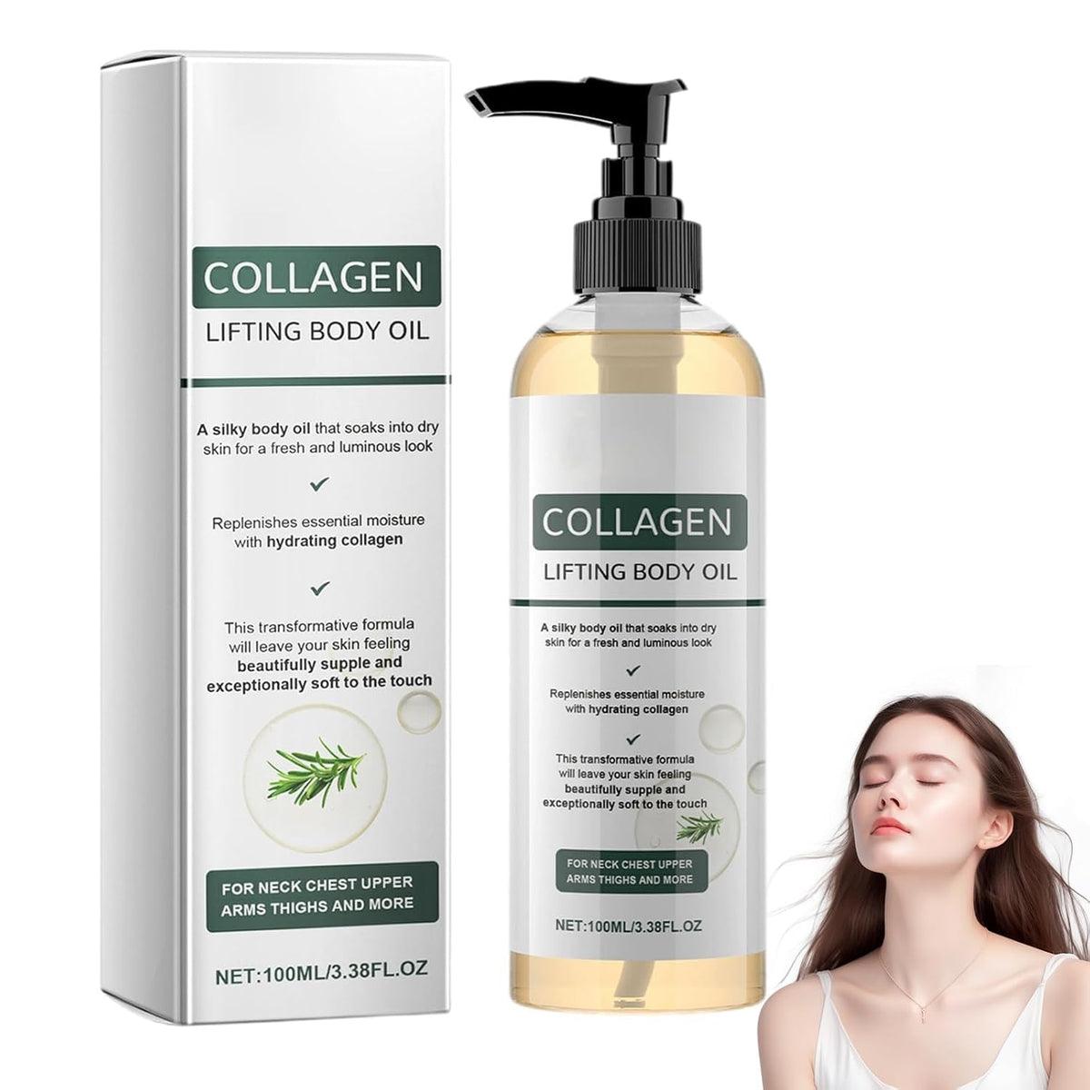Generic Collagen body oil front bottle showing elegant packaging and hydration benefit