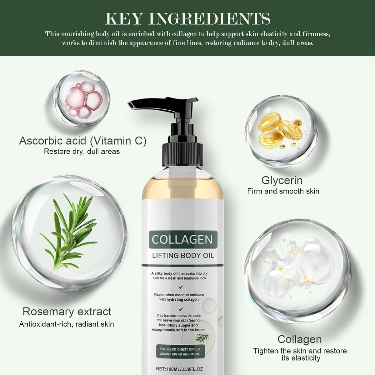Generic Collagen Lifting Body Oil dropper pouring oil highlighting smooth consistency