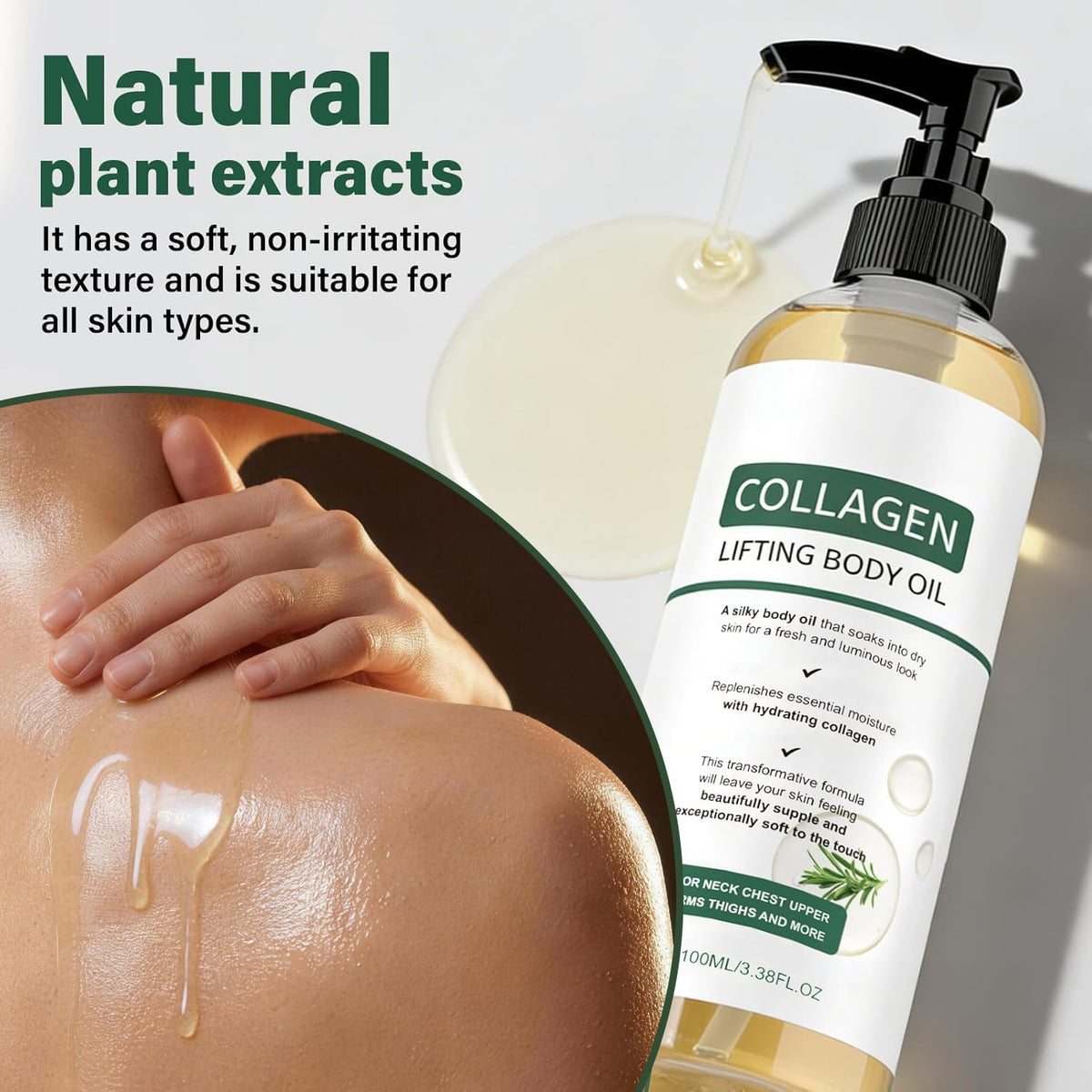 Generic Collagen Lifting Body Oil texture on skin close-up showing quick absorption benefit
