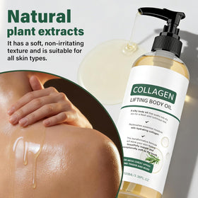 Generic Collagen Lifting Body Oil texture on skin close-up showing quick absorption benefit