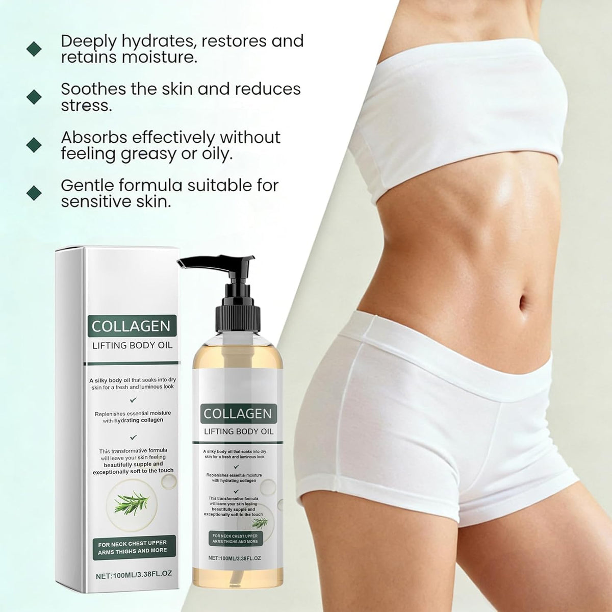 Generic collagen oil label close-up highlighting premium ingredients and clarity benefit