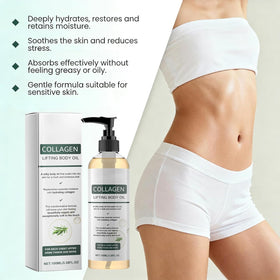 Generic collagen oil label close-up highlighting premium ingredients and clarity benefit