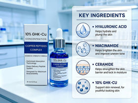 Generic copper peptide serum 30ml bottle beside common items to show scale and portability