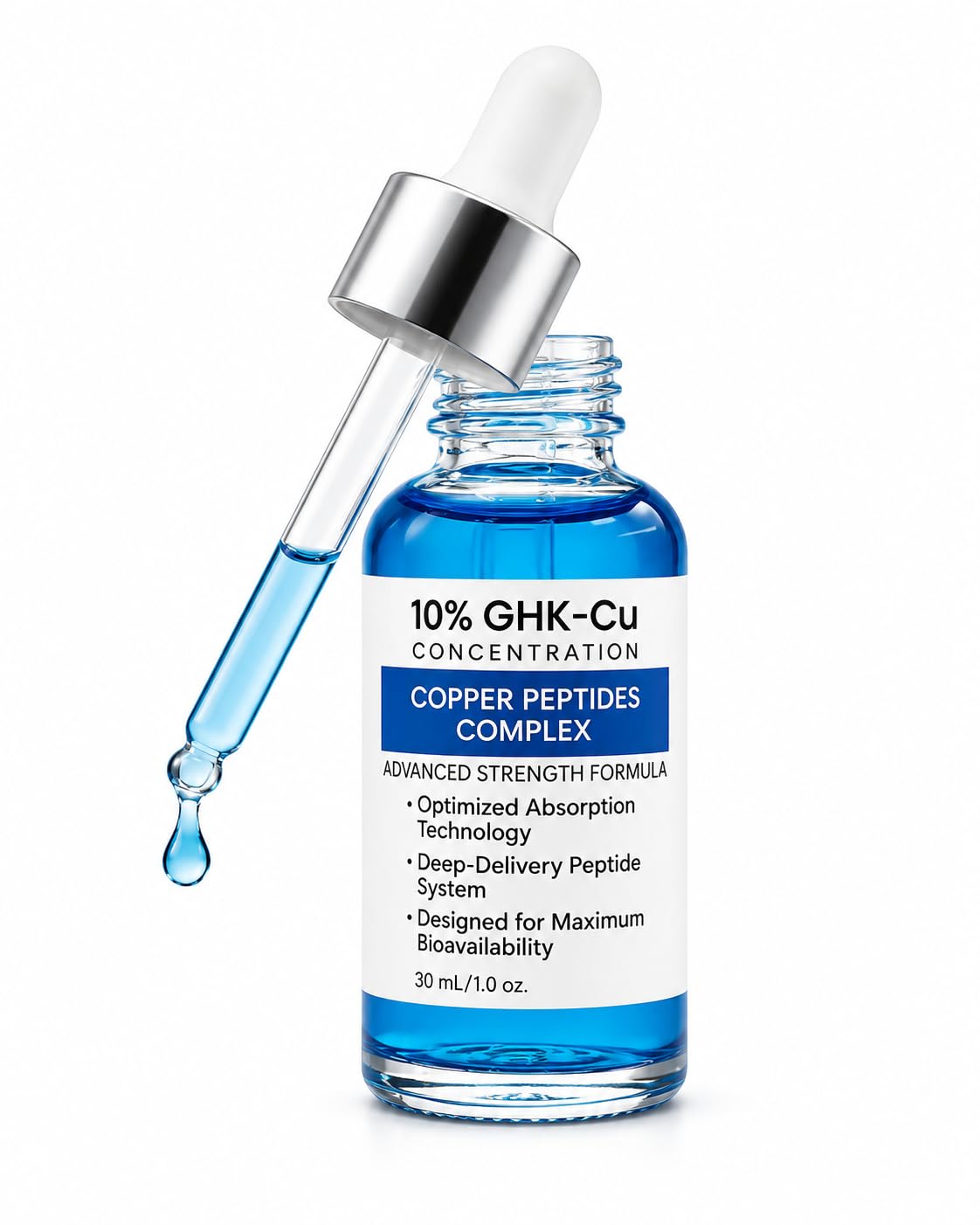 Generic copper peptide serum applied to hand demonstrating texture and immediate hydration