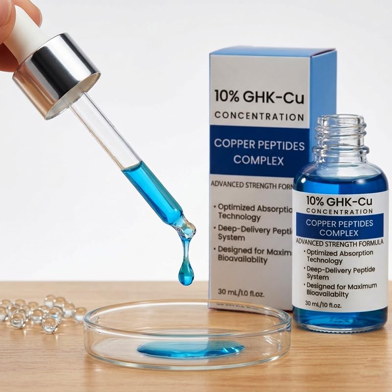 Generic copper peptide serum dropper dispensing lightweight texture for quick absorption