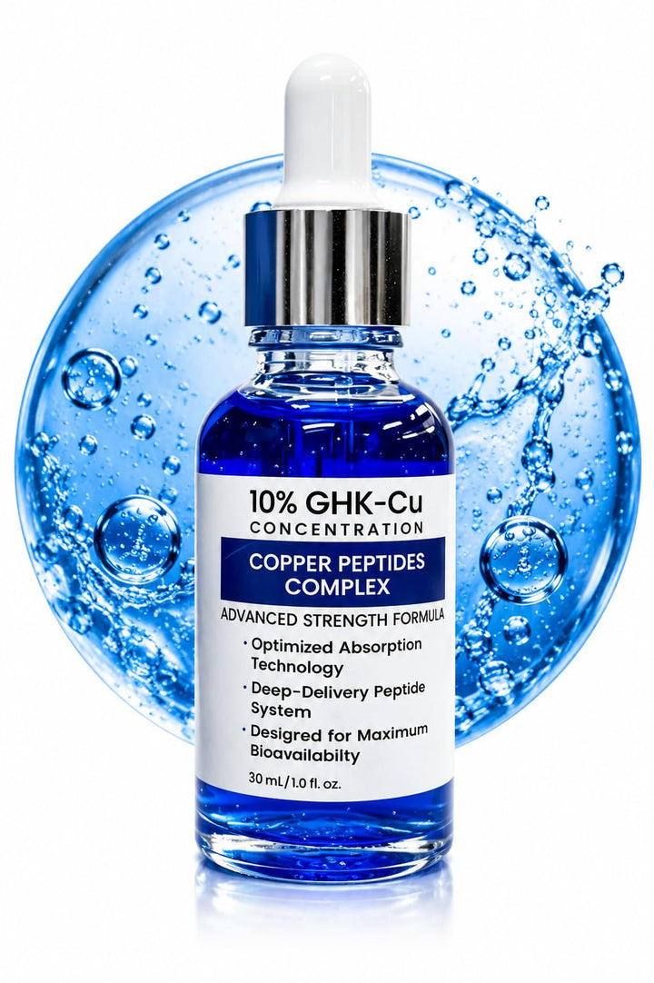 Generic copper peptide serum front packaging showing clean design and benefits