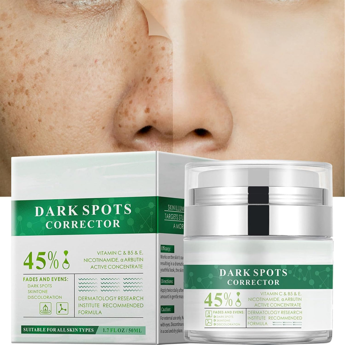 Generic front packaging showing 50 ml cream and clear product branding benefits