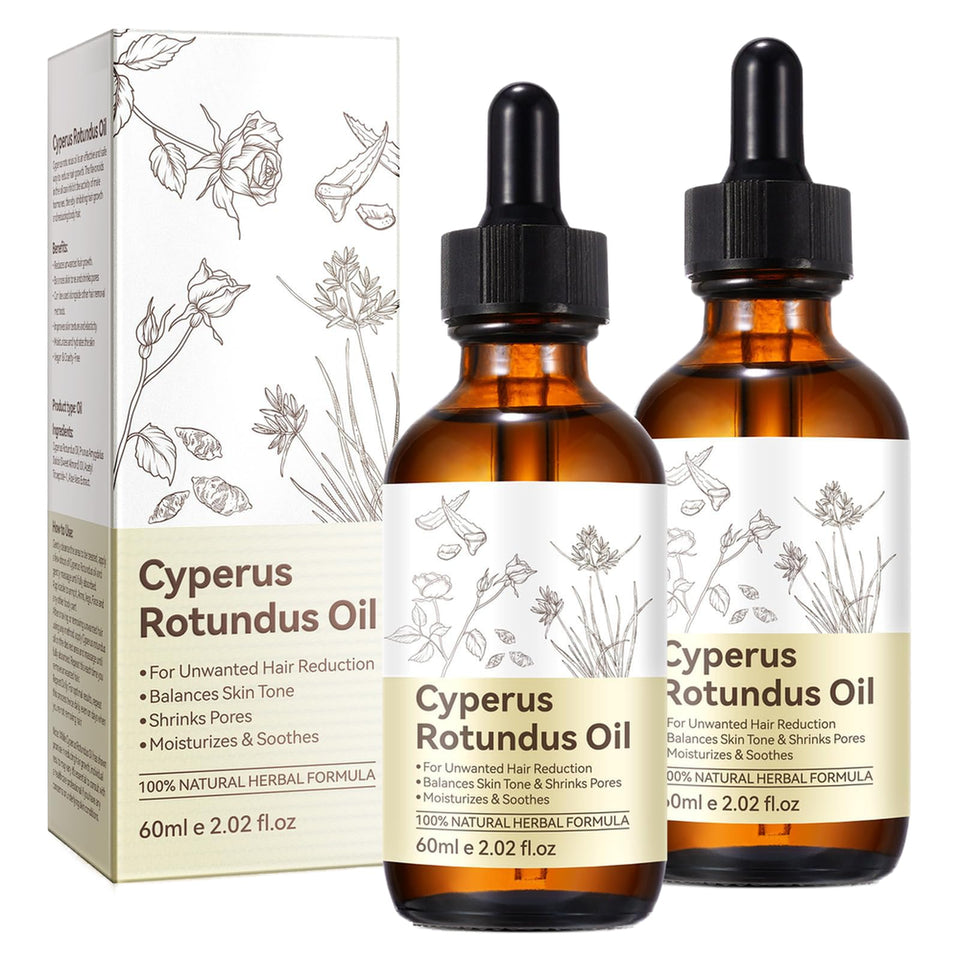 Generic bottle front view showing Cyperus Rotundus oil, clear labeling and natural benefit