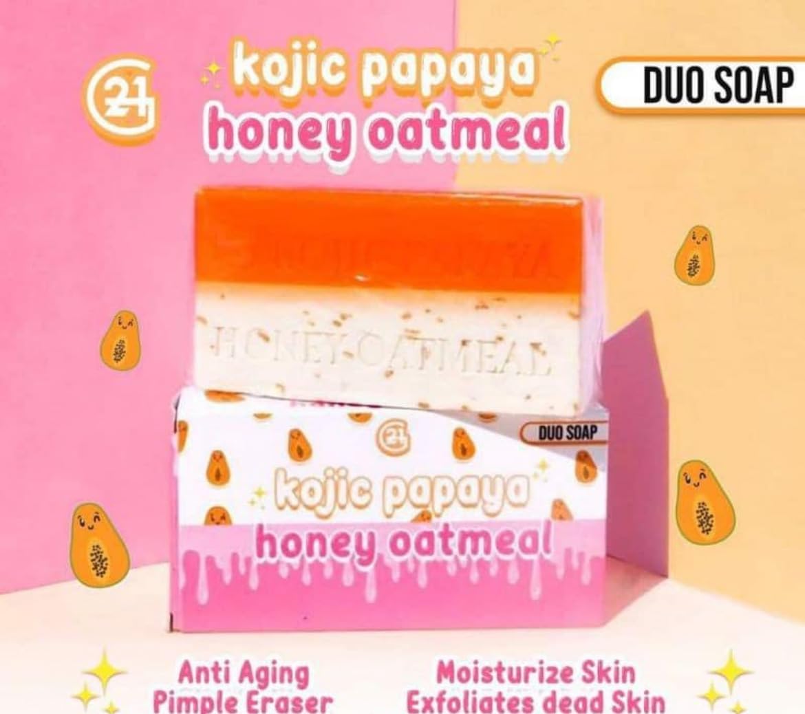 Generic Duo Soap close-up of kojic, papaya, honey, oatmeal ingredients soothing benefit
