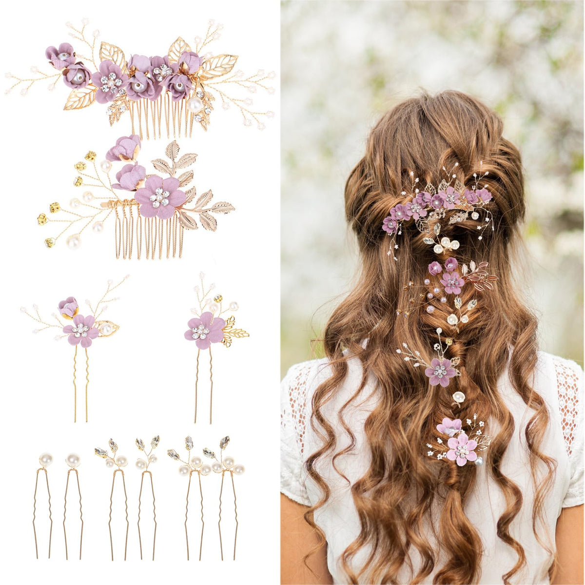 Generic brand front view of purple floral comb showing elegant attachment benefit