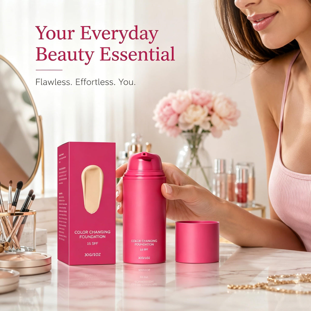 Generic lifestyle vanity image showing foundation as daily routine essential