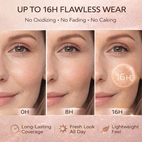 Generic lifestyle shot of woman applying foundation for natural-looking, age-friendly coverage benefit