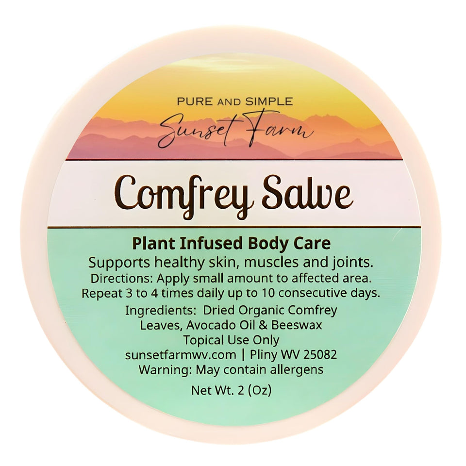 generic 2 oz jar front label showing organic comfrey and size benefit