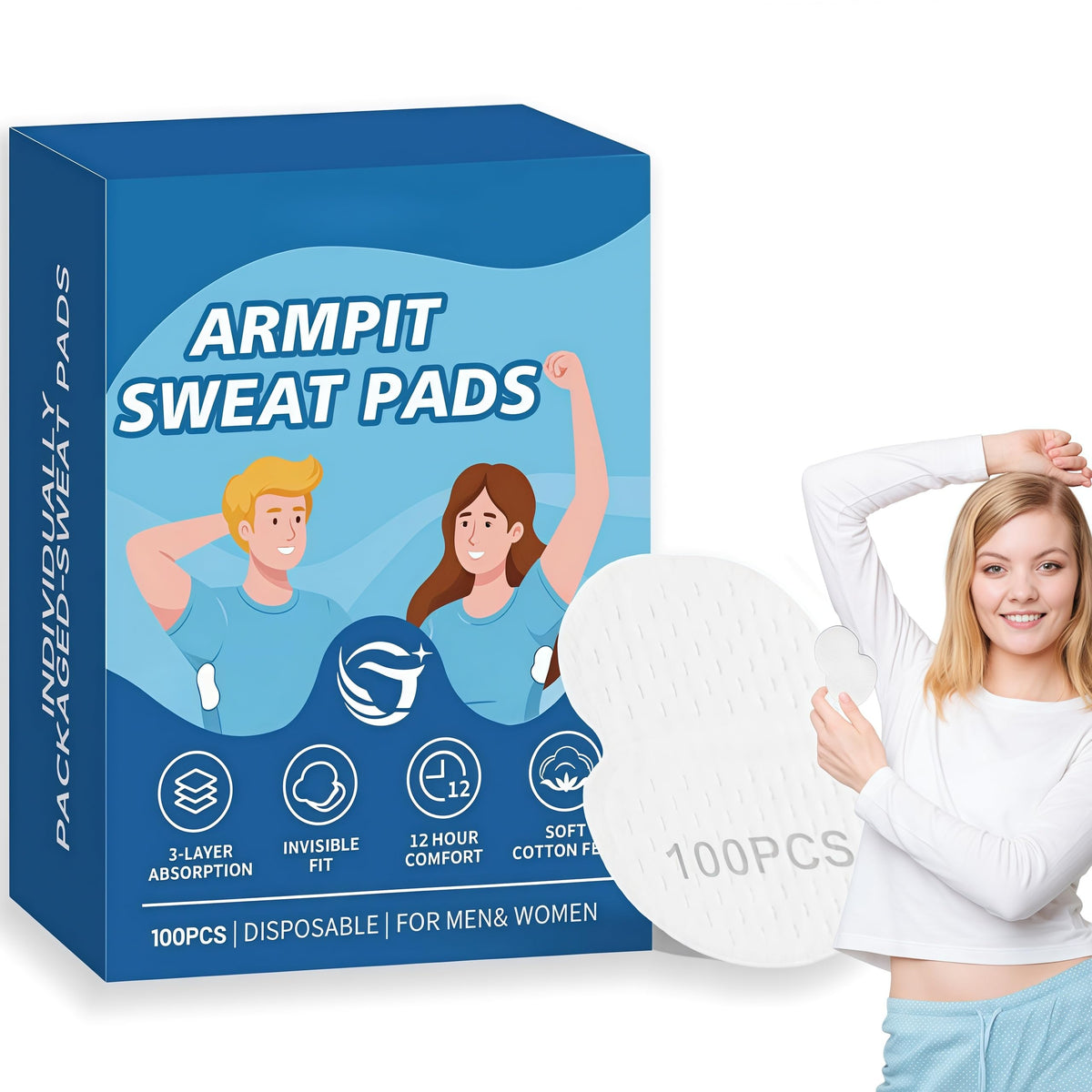 Generic front packaging showing 100 pads and clear product benefit