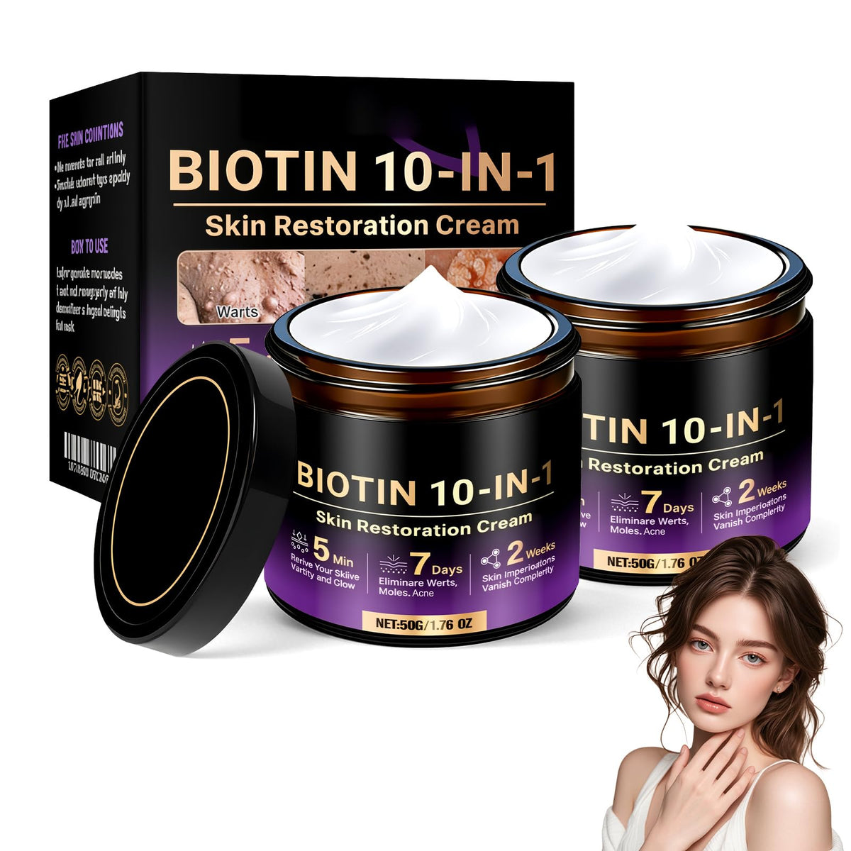 Generic front packaging showing two jars and clear benefits