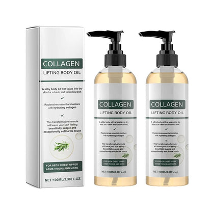 Generic front packaging showing two collagen body oil bottles and clear benefits