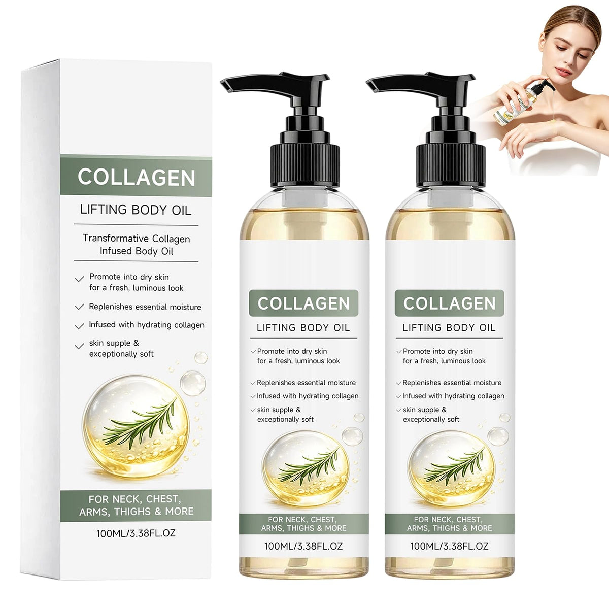 Generic front packaging showing two 100ml pump bottles and benefits