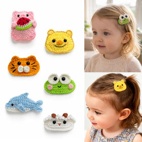 Generic front view showing six crochet animal clips for versatile styling