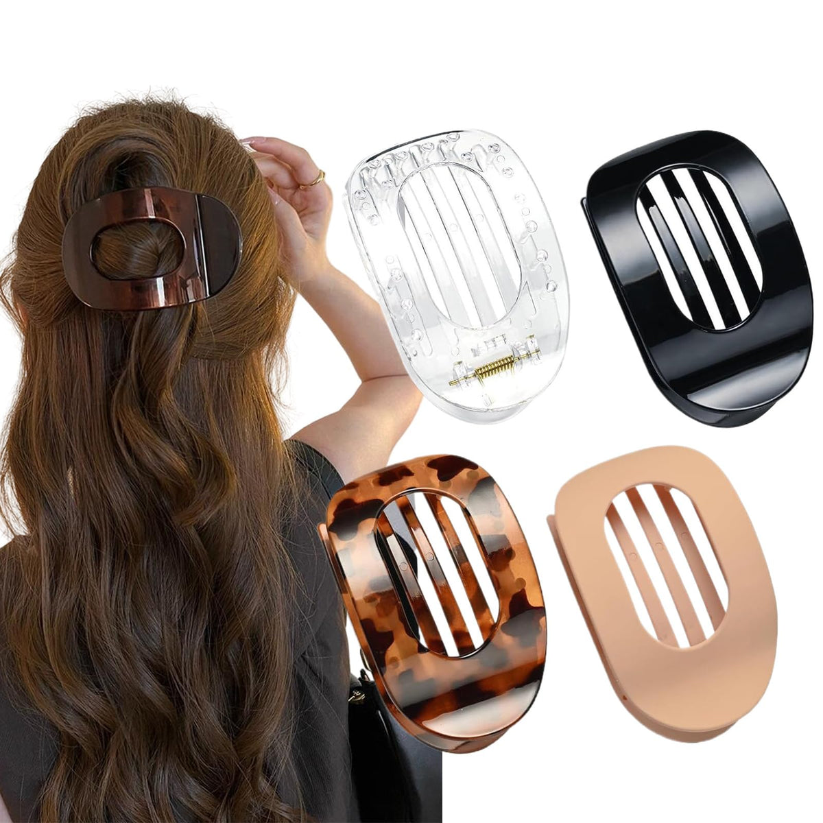 Generic front view of 4-pack duckbill hair clips showing colors and compact design benefit