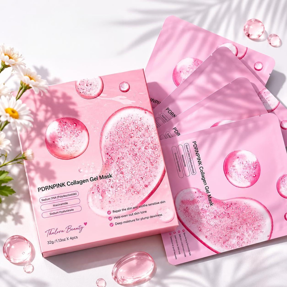 Generic brand front packaging showing four PDRN hydrogel masks and benefits