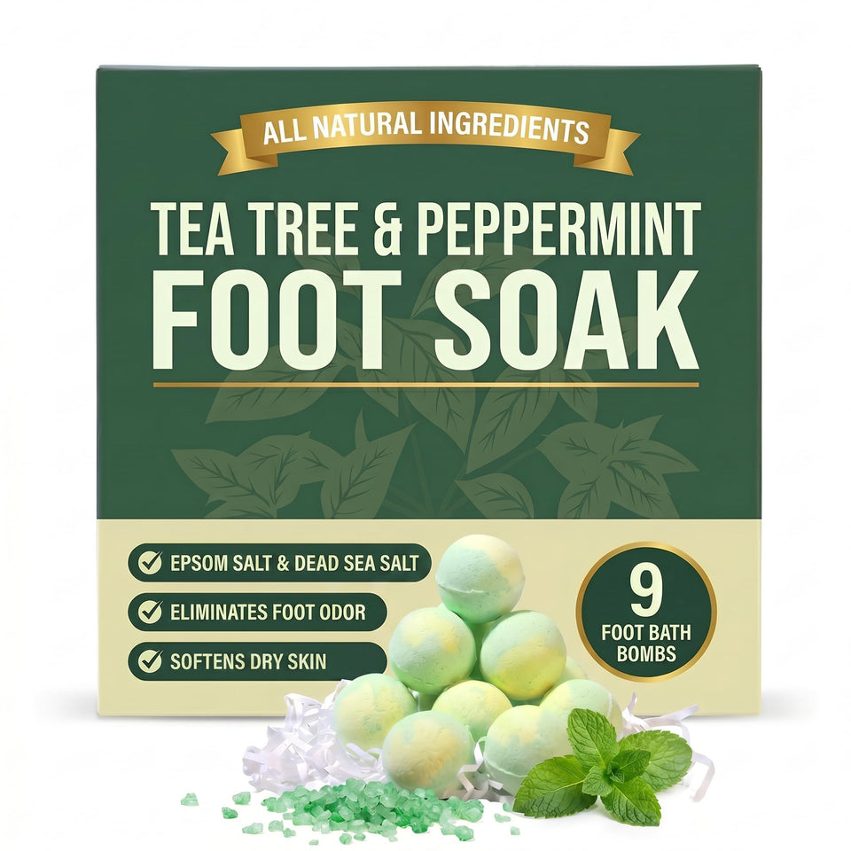Generic front packaging showing tea tree foot soak bombs and benefits
