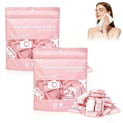Generic front packaging showing 60PCS compressed towels and product information for travel convenience