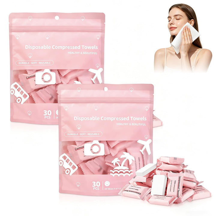 Generic front packaging showing 60PCS compressed towels and product information for travel convenience