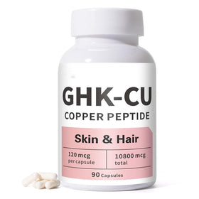 Generic GHK-Cu front packaging showing label and 90-count convenience benefit