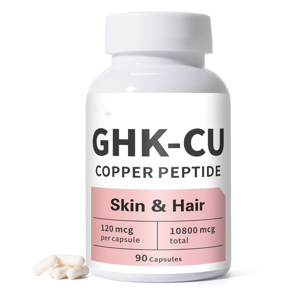 Generic GHK-Cu front packaging showing label and 90-count convenience benefit