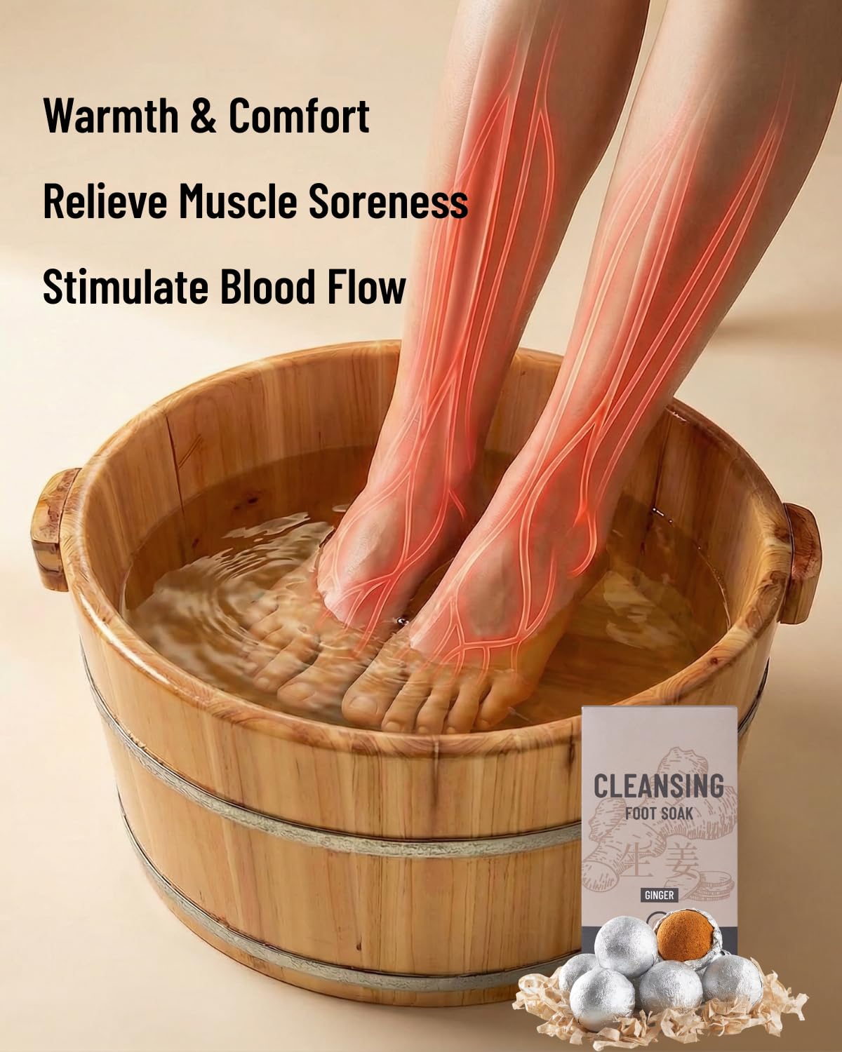 Generic ginger foot soak in a basin with feet demonstrating relaxing use